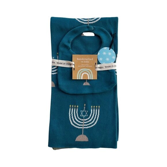 HANUKKAH Blue & Ivory Knit Reversible Baby Blanket and Bib Set NWT - Picture 4 of 12